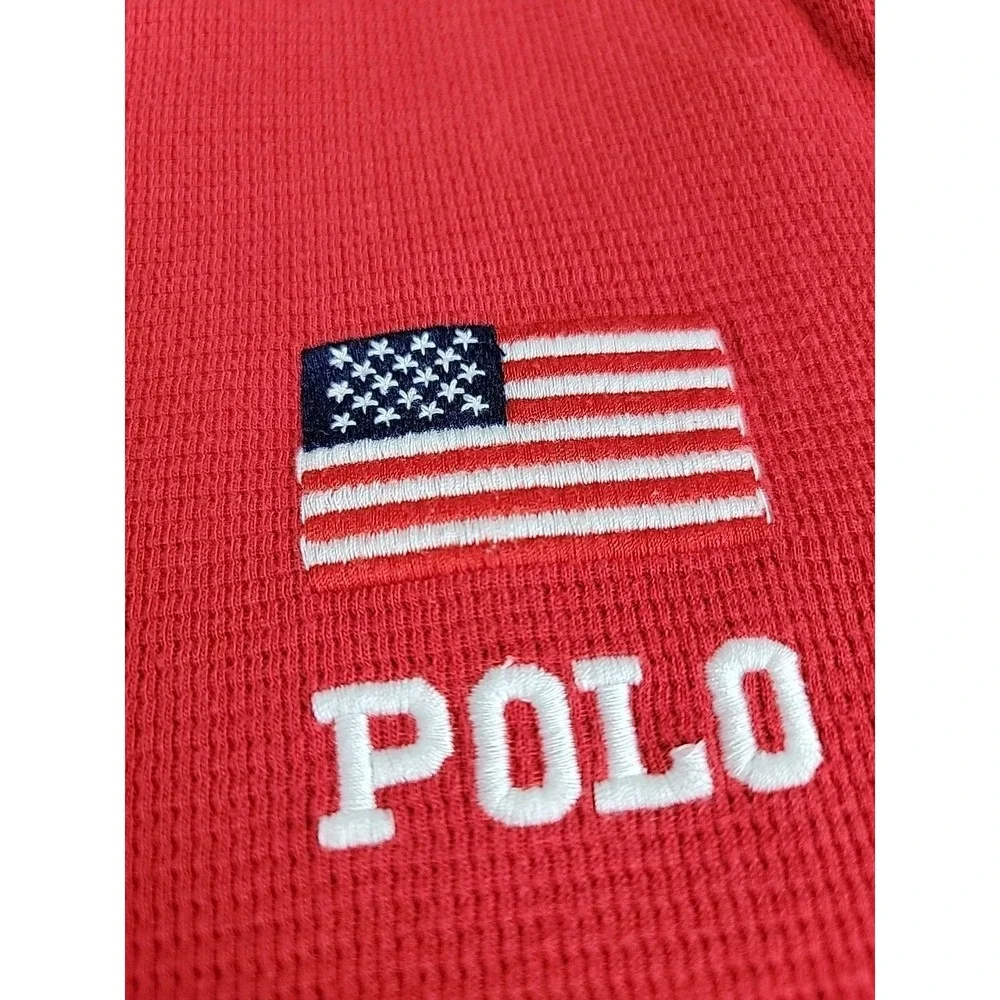 Polo Ralph Lauren Thermal Shirt Mens Medium Red Waffle Knit Elbow Patch Flag